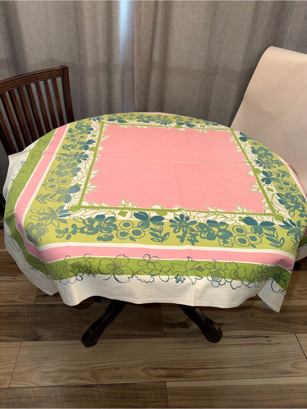 Vintage Pink and Green Linen Floral Tablecloth 48x48